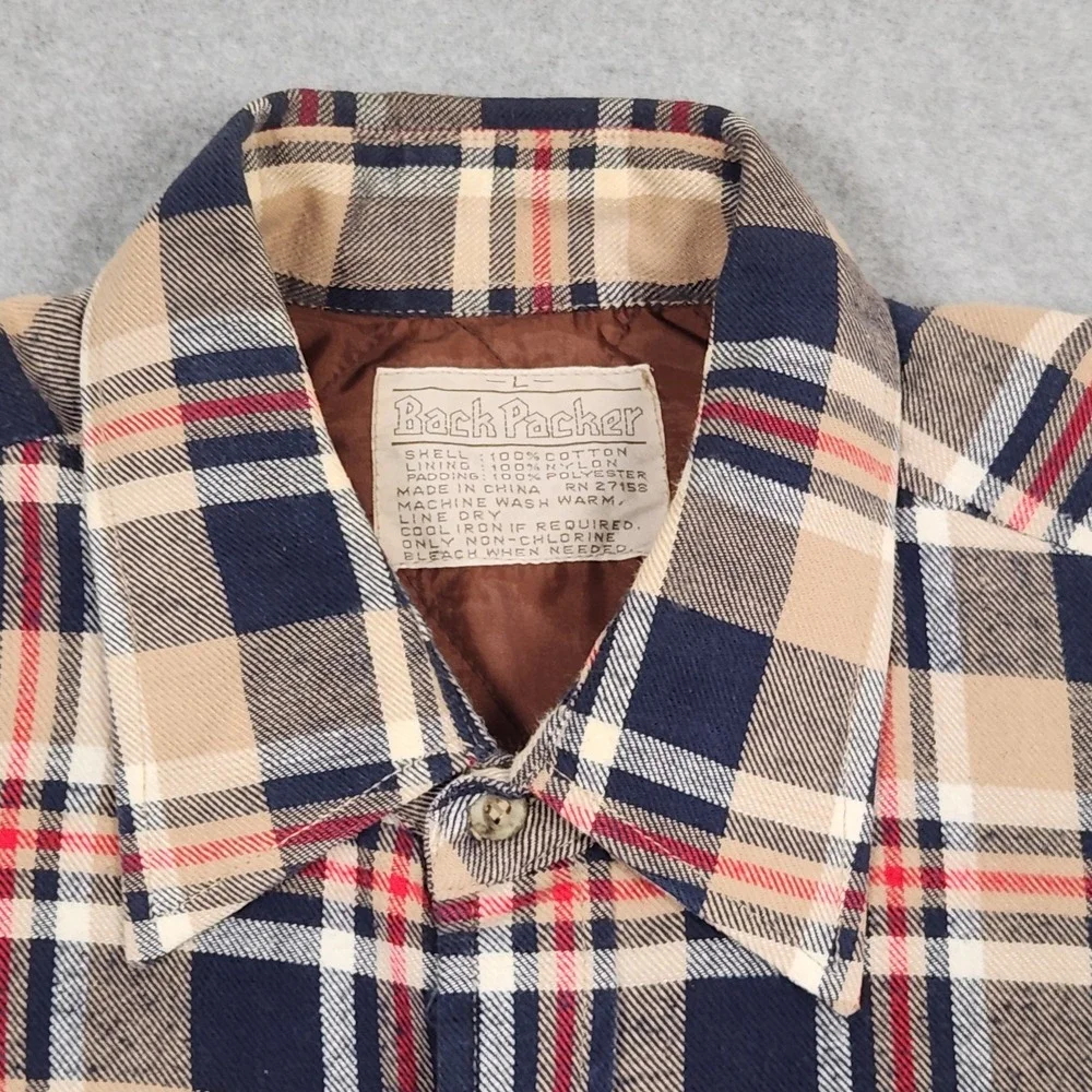 Vintage Insulated Flannel Shirt Mens Large Tab Blue Plaid Back Packer Outdoors